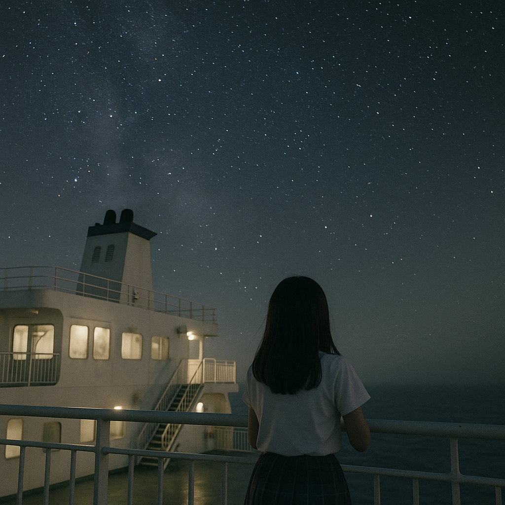 船で星空を見上げる少女のイメージ