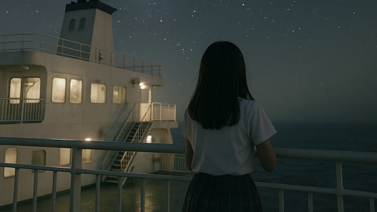 船で星空を見上げる少女