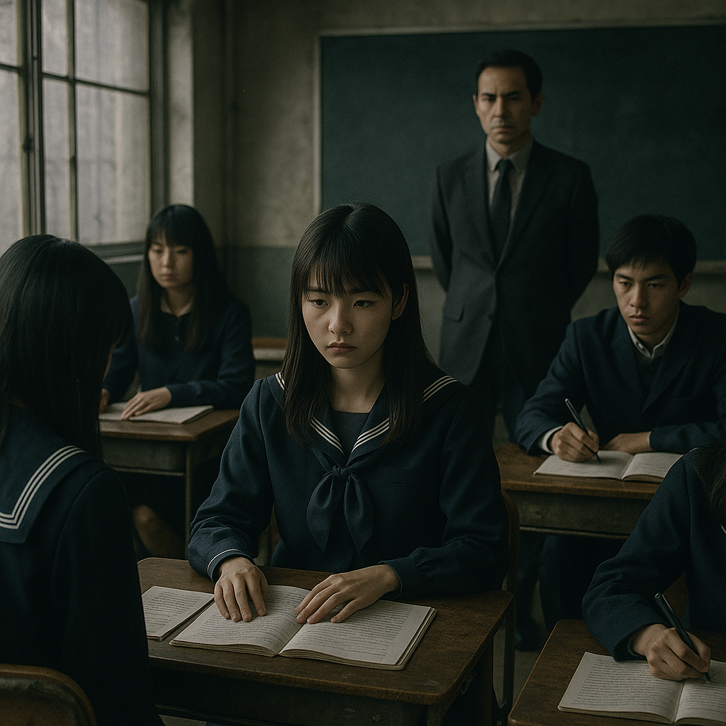暗い雰囲気の教室で、冷たい表情の教師と生徒達のイメージ