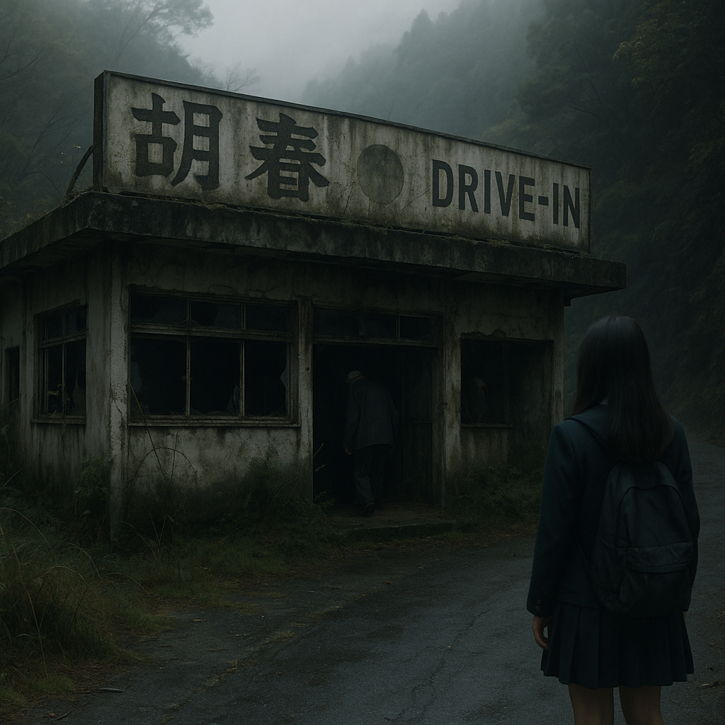 山奥のドライブイン廃墟で彼女の後ろに・・のイメージ