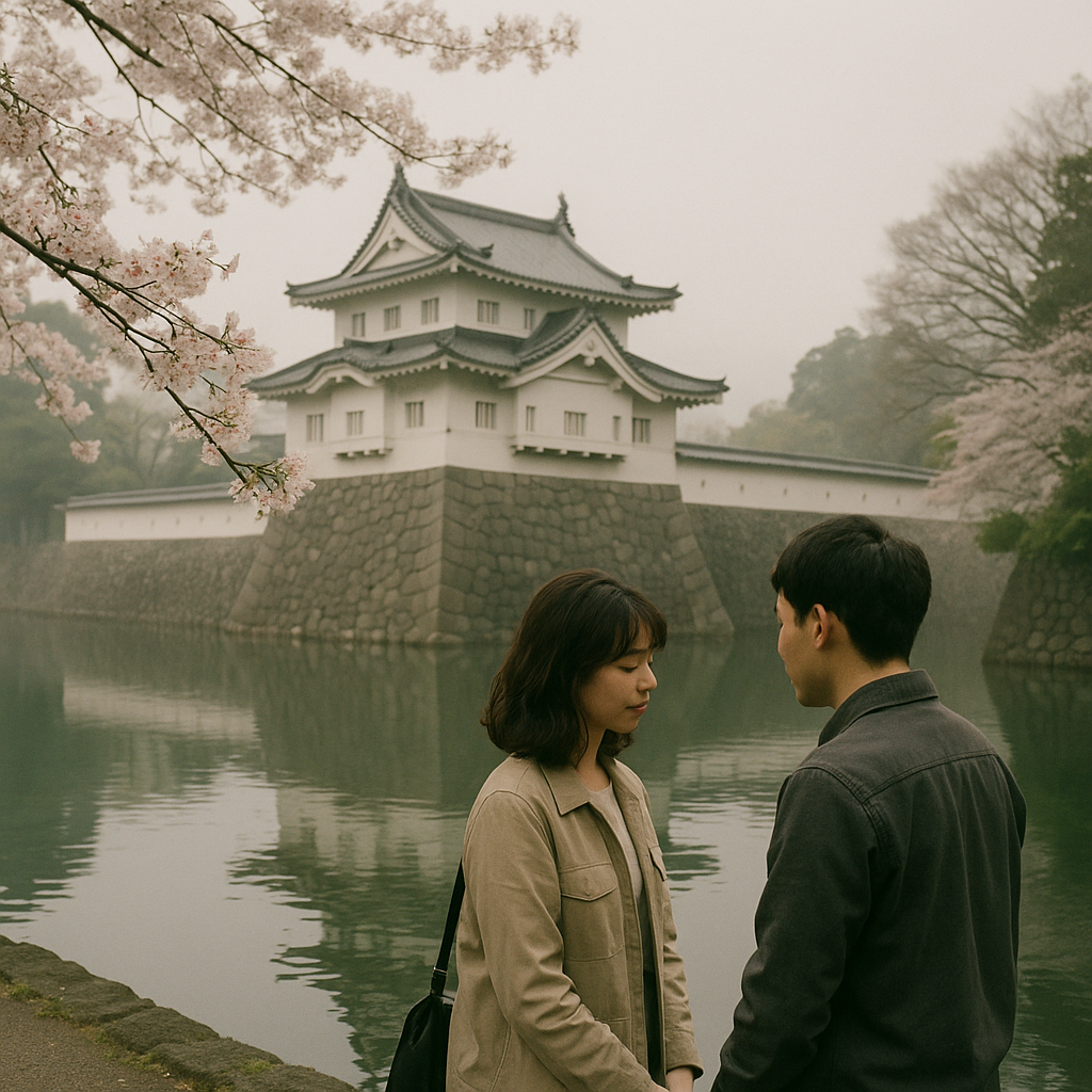 駿府城の堀池の前で二つの告白のイメージ