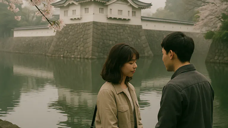 駿府城の堀池の前で二つの告白