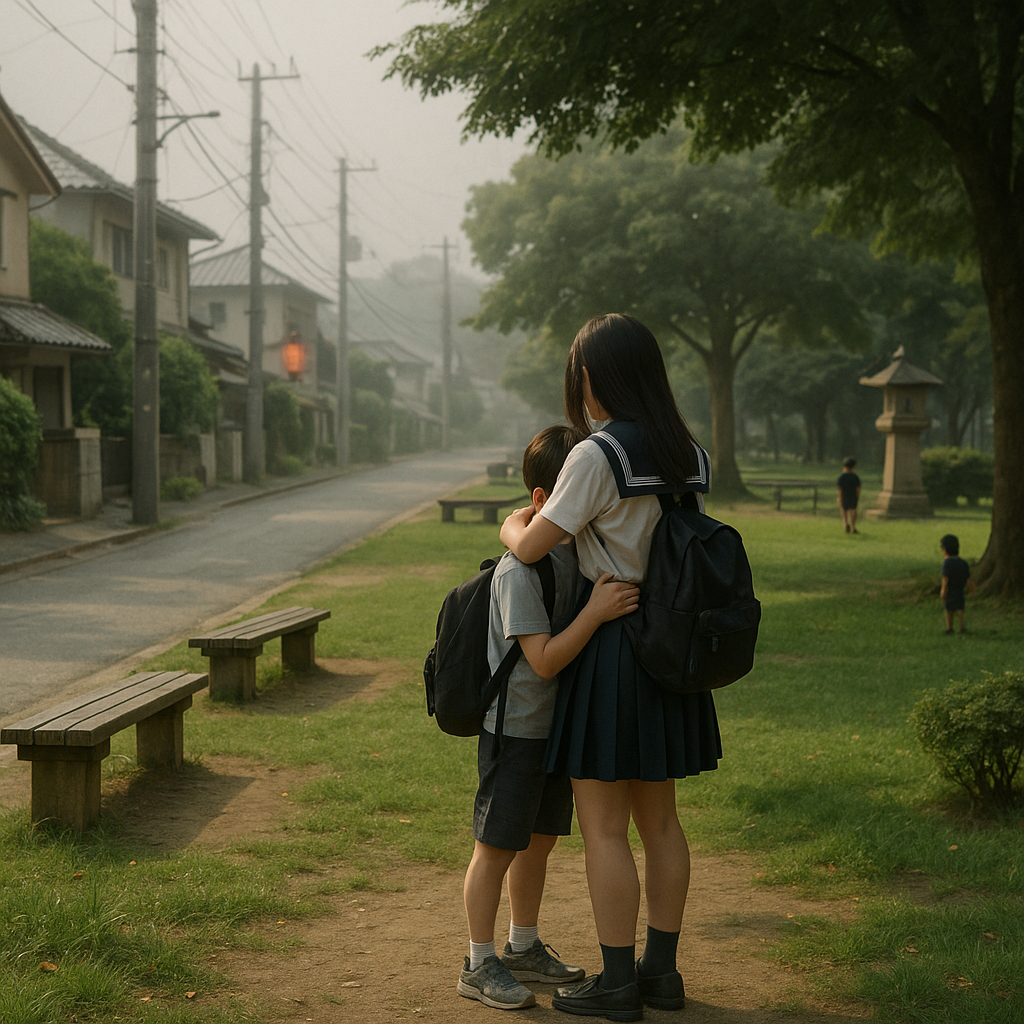 さらわれた少女①（のどかな街並みを行く2人）のイメージ